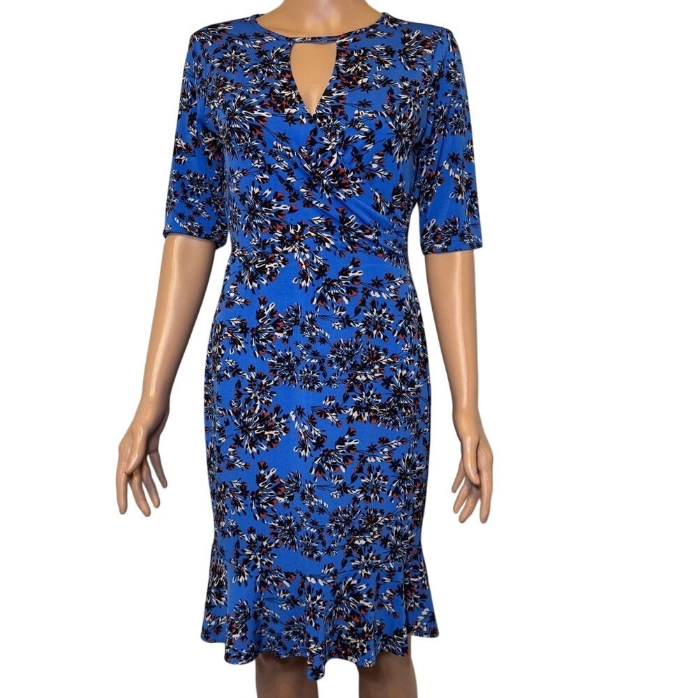 Taylor Keyhole Neck Floral Sheath Dress with 1/4‎ Length Sleeves Ruffled Hem 6